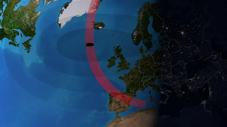 Kort sem sýnir almyrkvaslóðina 12. ágúst 2026 yfir Íslandi, Norður-Atlantshafi og Evrópu.